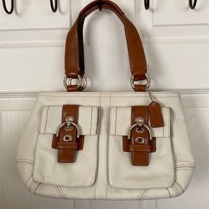 Coach White and Brown Leather Soho Satchel Tote Top Handle Bag Pockets Used